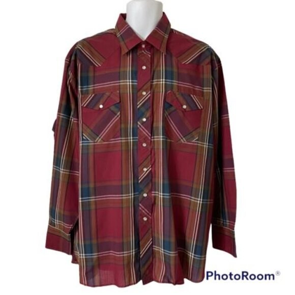 Wrangler Men's Western Shirt 2X Pearl Snap Plaid Maroon Cowboy Rodeo - Picture 1 of 4
